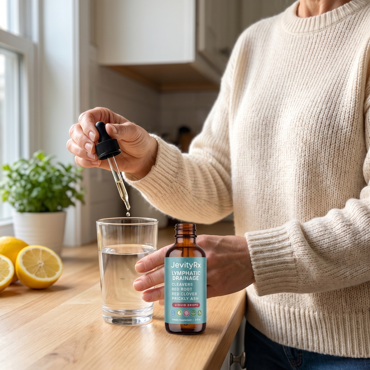 Adding Lymphatic Drainage drops to a glass of water