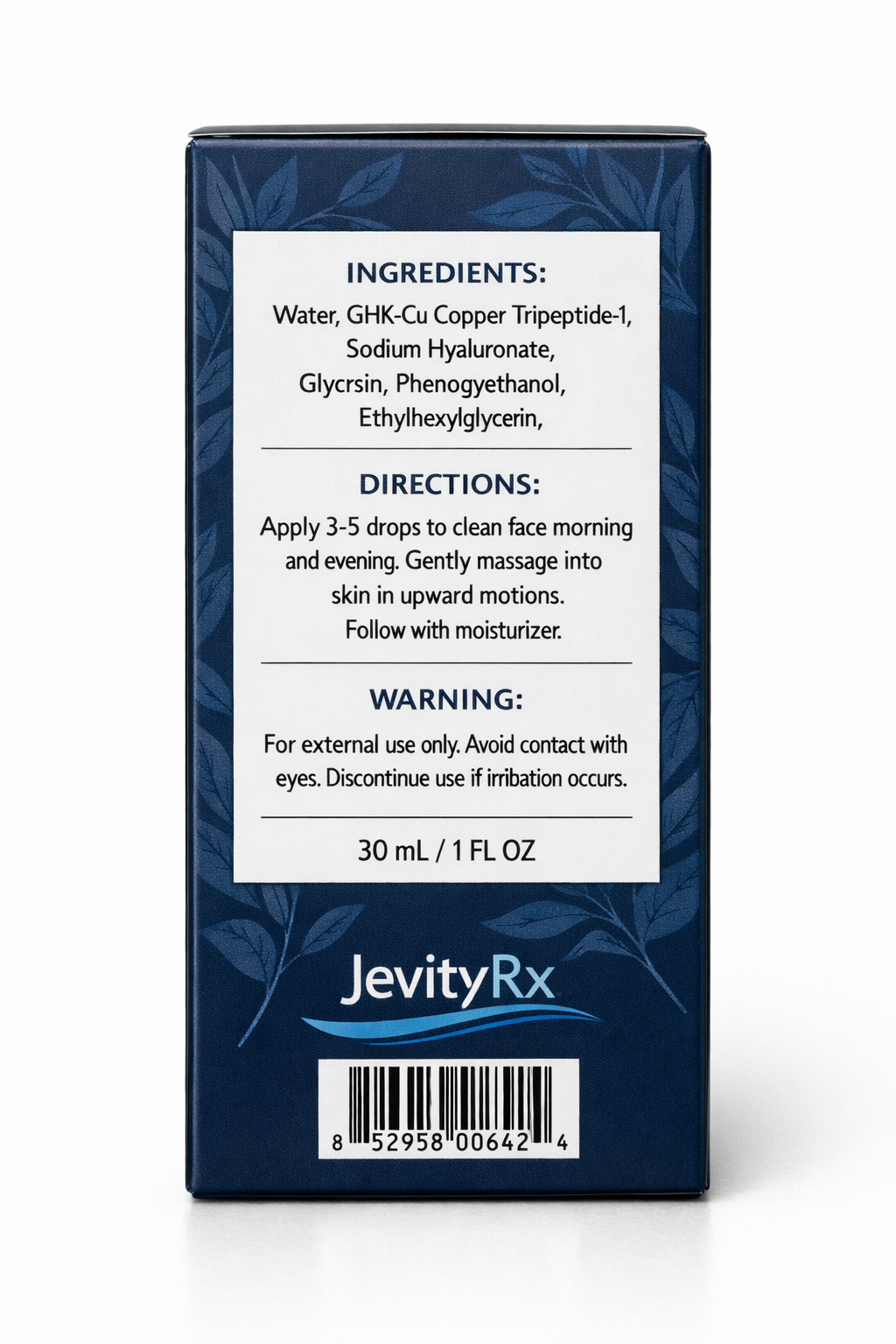 JevityRx Advanced GHK-Cu Copper Peptide Facial Serum - Supplement Facts