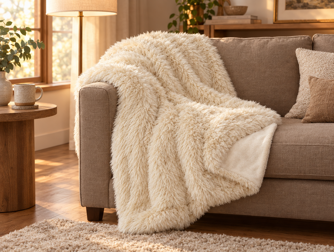 Cream faux fur throw draped over a sofa arm